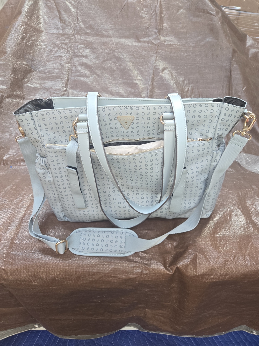 Guess Light Blue Patterned Tote Bag with Removable Strap